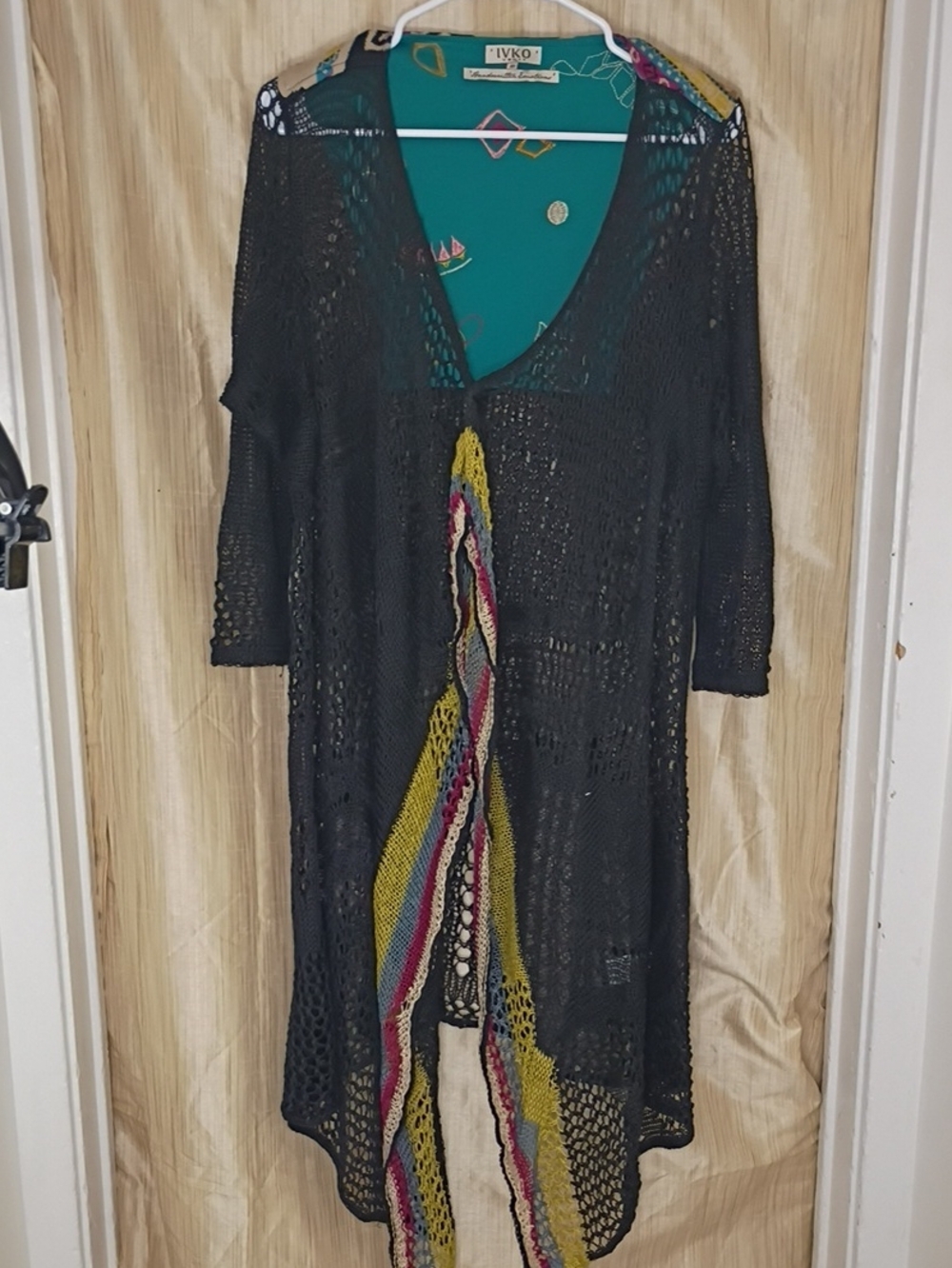 IVKO Black Open-Knit Cardigan with Multicolor Fringe